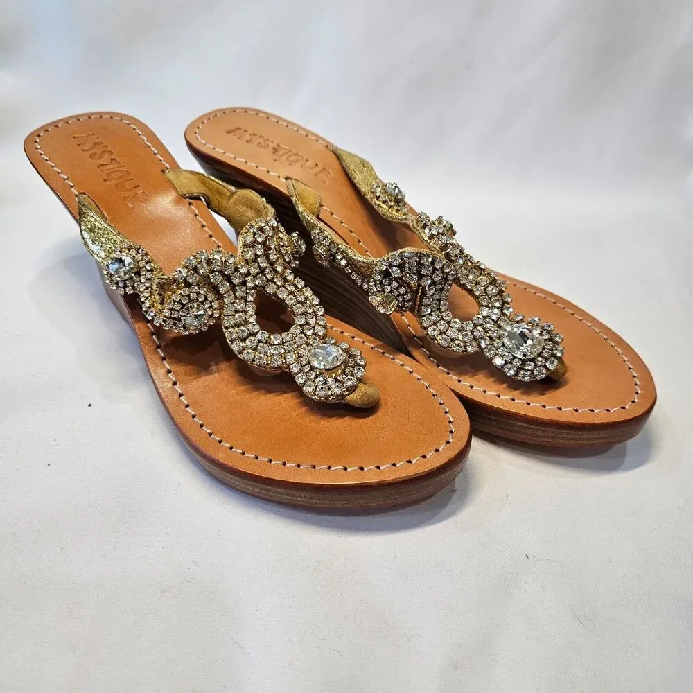 Mystique Womens Leather Crystal Sequin Jewel Wedge Thong Sandals 7 Embellished